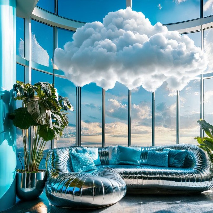 un sofa azul con una nube blanca encima