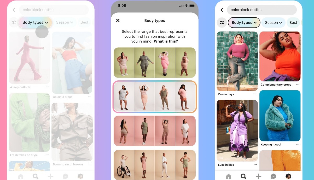 imagen de la aplicación de Pinterest con los filtros por tipos de cuerpo