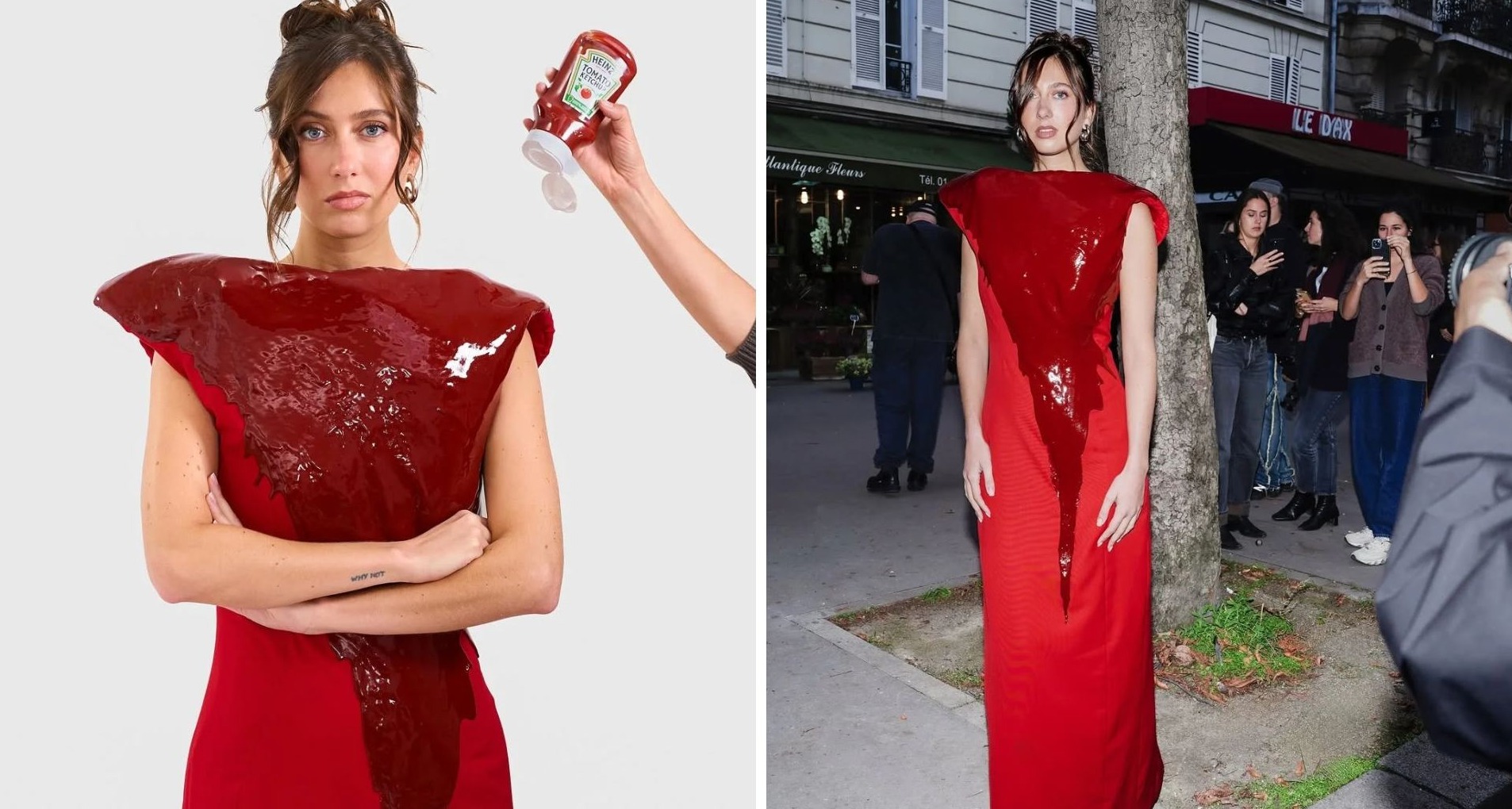 Heinz Francia crea un vestido de alta costura para celebrar la pasión por el kétchup Chica luce vestido creado por Heinz