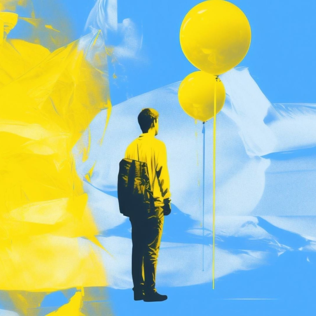 Ilustración de un hombre con un globo sobre fondo amarillo y azul