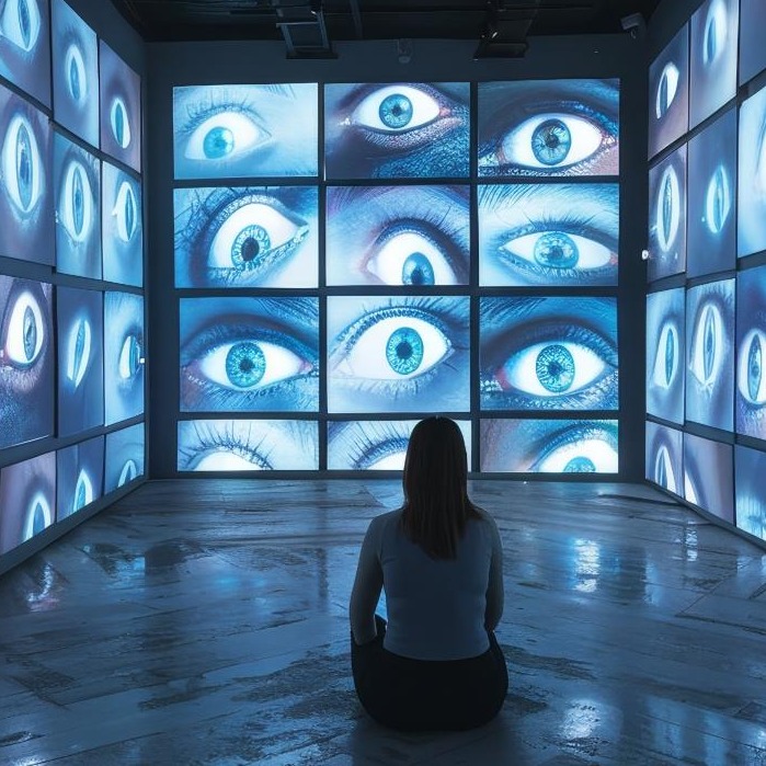 una chica sentada con pantallas alrededor que muestran ojos azules