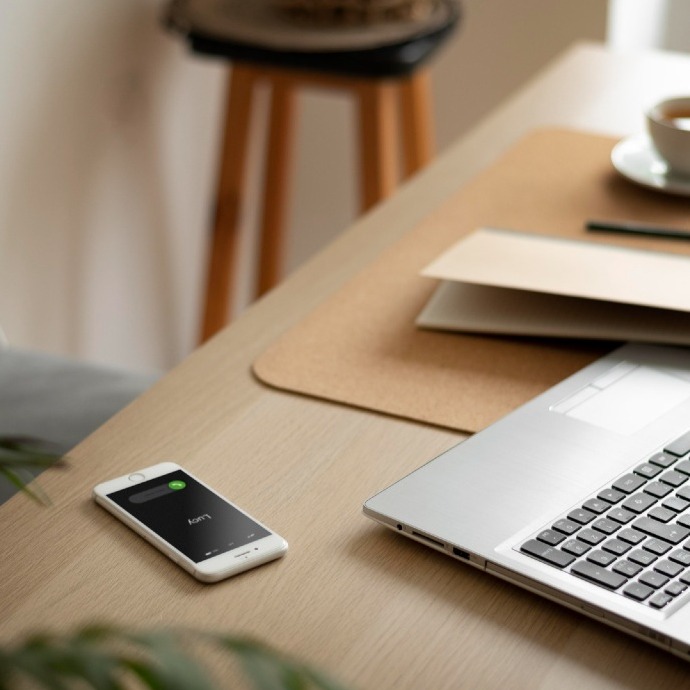 una mesa de escritorio con el ordenador portátil, el smartphone y un cuaderno