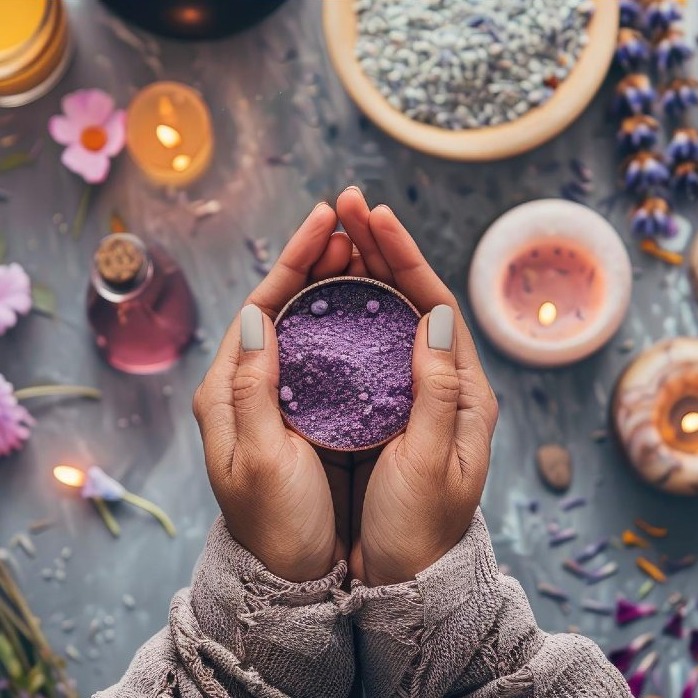 unas manos sostienen polvo morado en una mesa con flores silvestres y velas