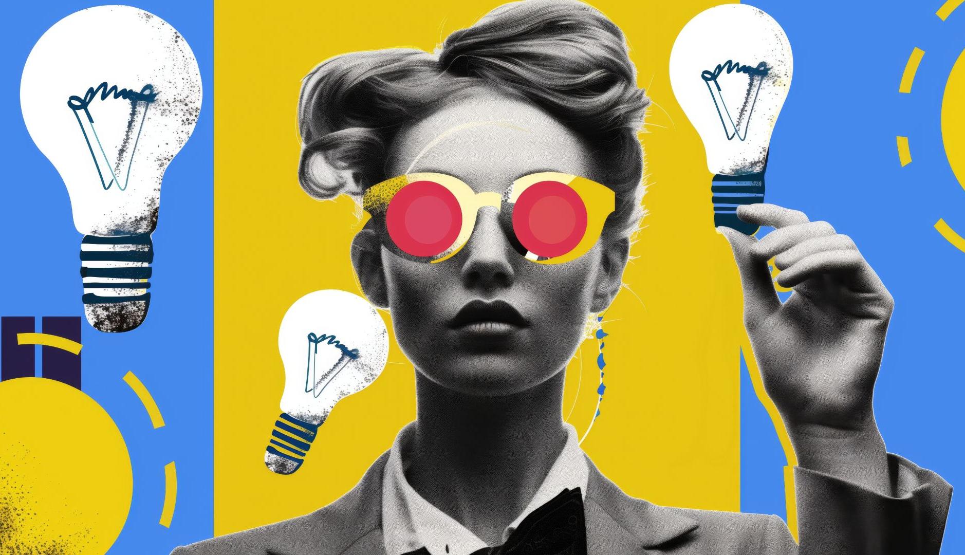 Collage ilustrado de una mujer con gafas y bombillas