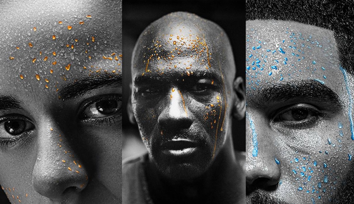 imágenes de deportistas en blanco y negro con gotas de sudor de colores
