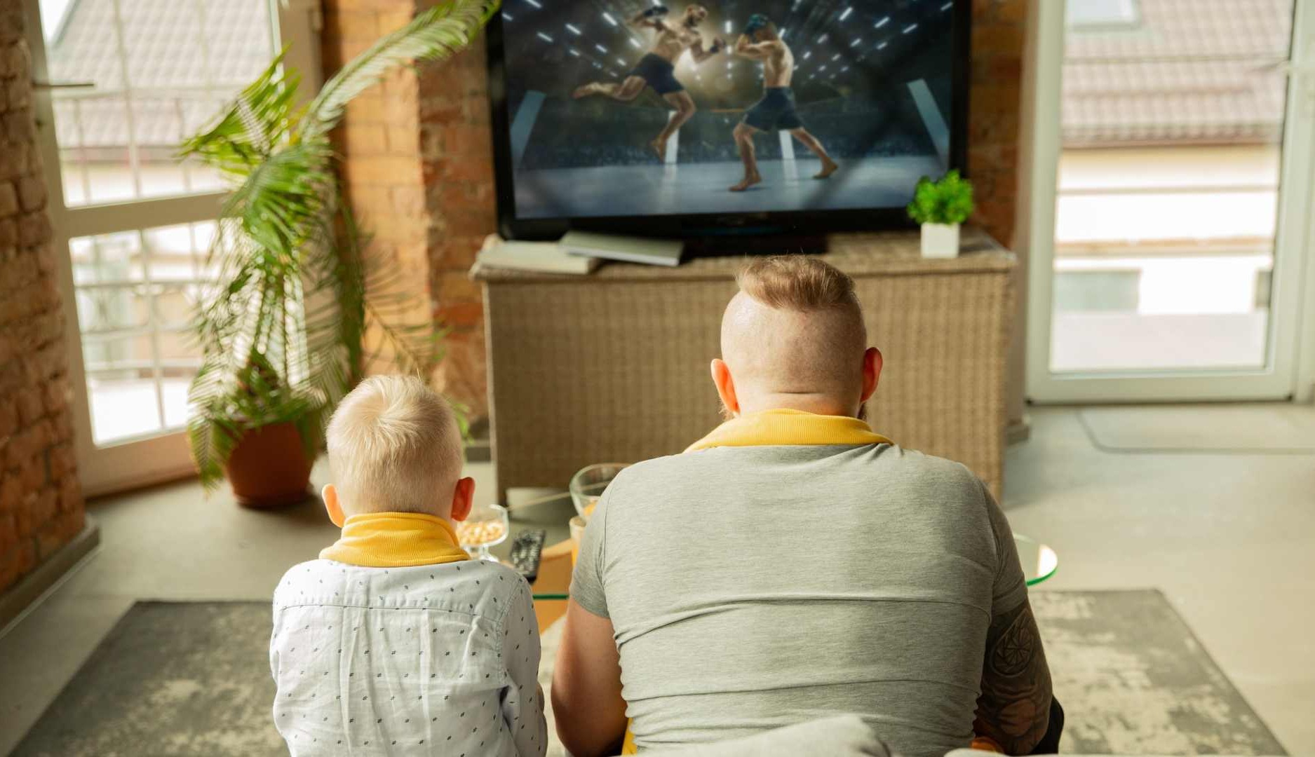 Un padre y un hijo viendo un combate de boxeo en la televisión