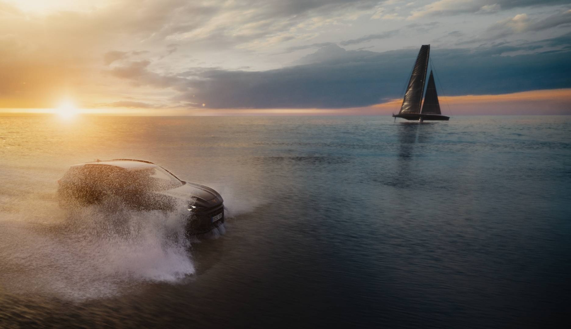 Imagen de un coche Cupra sobre el mar junto a un barco de vela