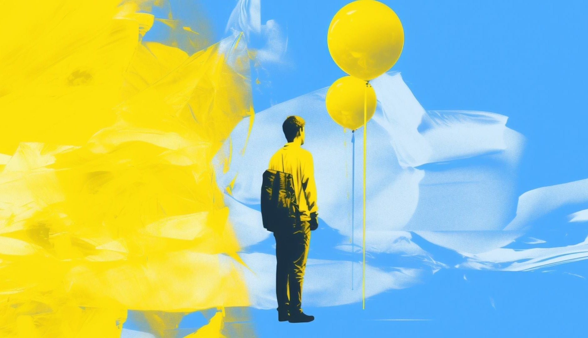 Ilustración de un hombre con un globo sobre fondo amarillo y azul