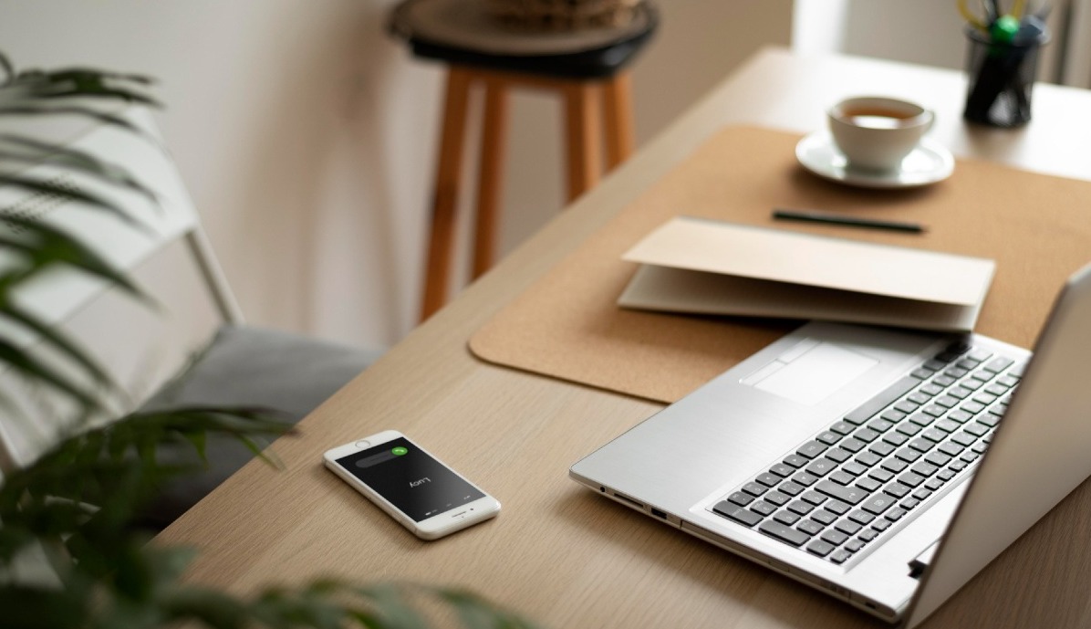 una mesa de escritorio con el ordenador portátil, el smartphone y un cuaderno