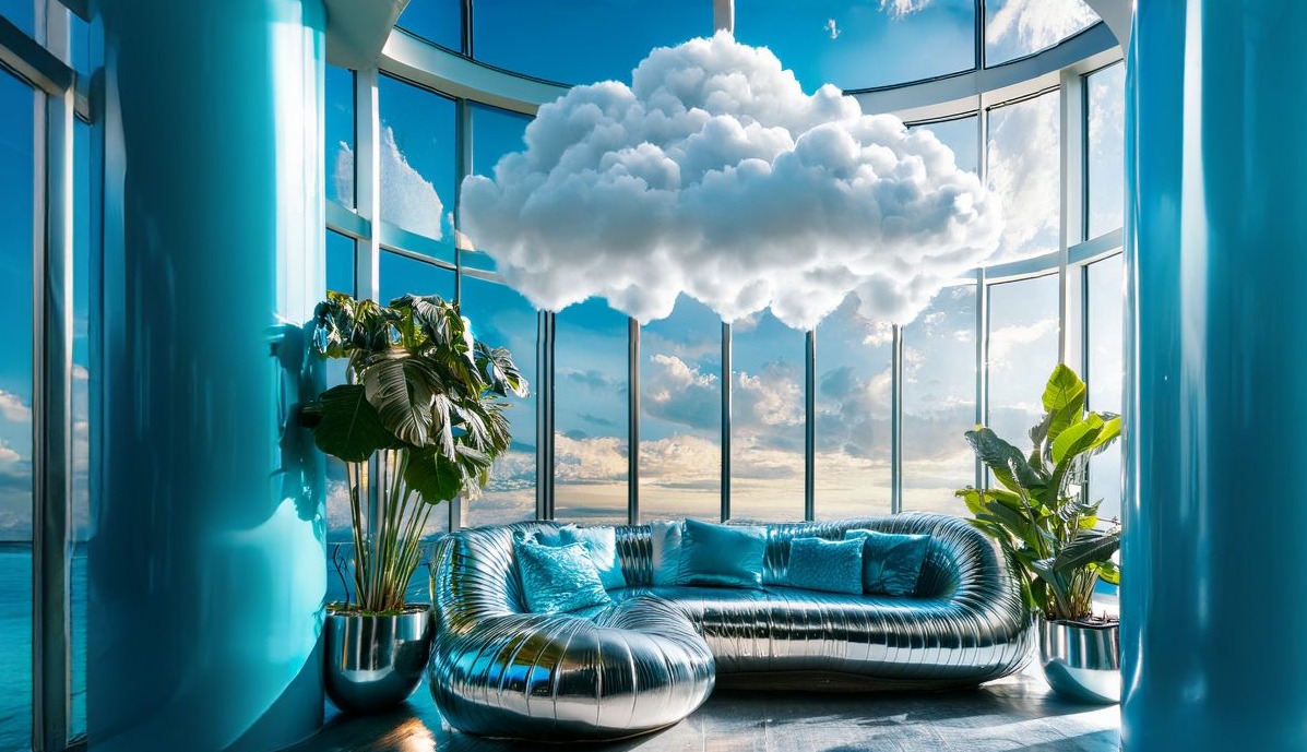 un sofa azul con una nube blanca encima
