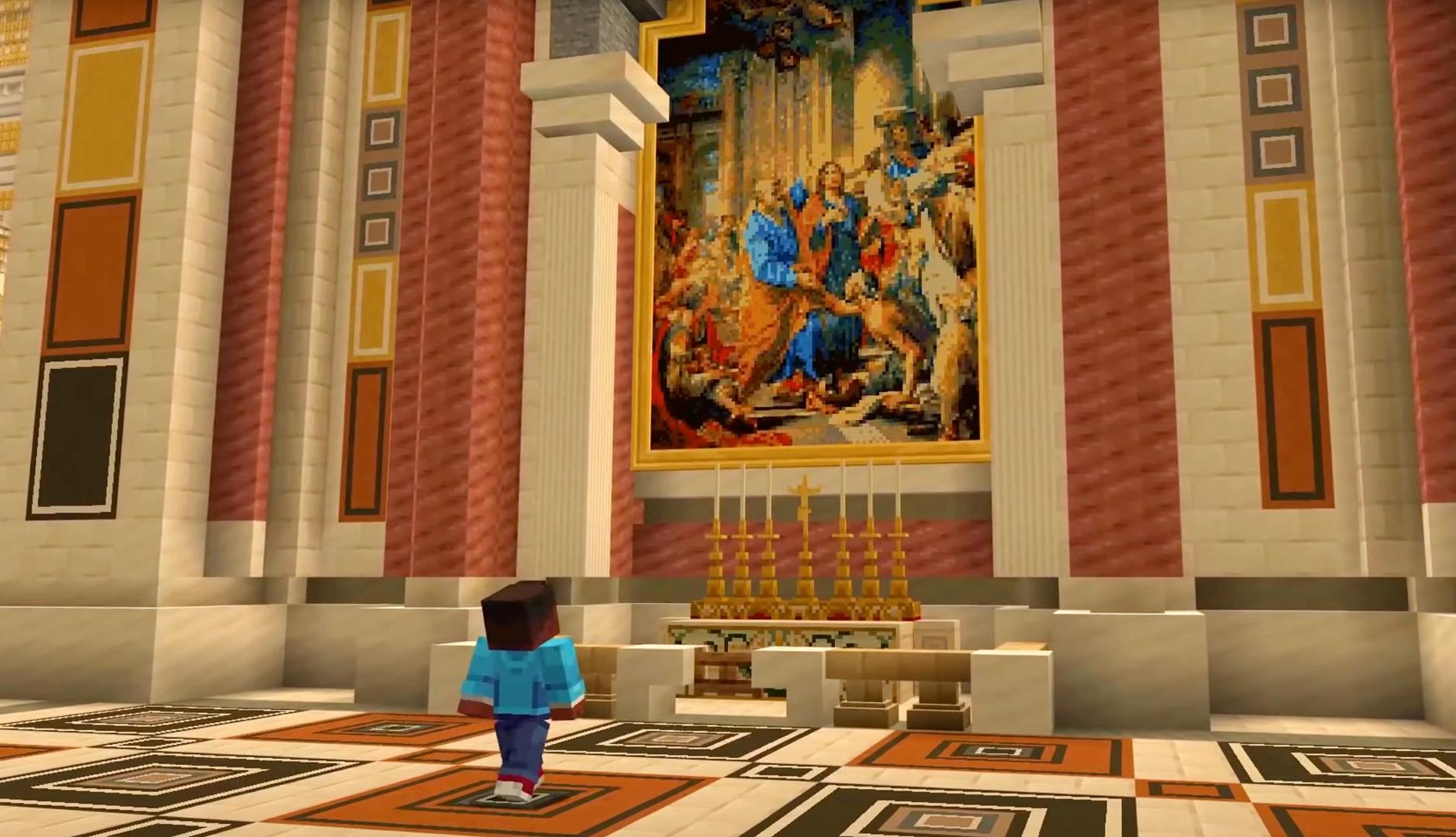 Captura de pantalla del juego "Peter is Here" basado en Minecraft Education