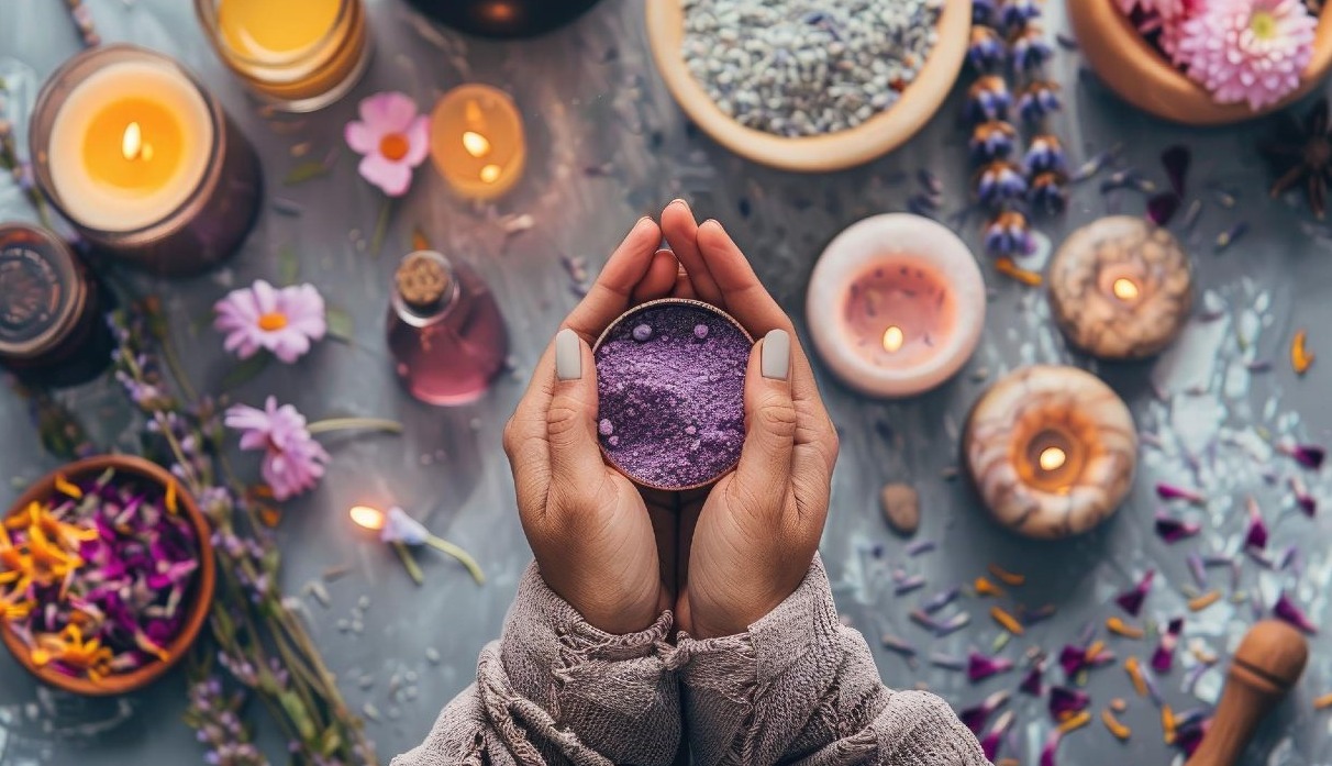 unas manos sostienen polvo morado en una mesa con flores silvestres y velas