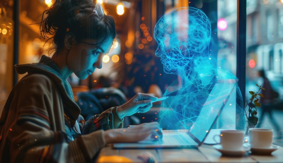 una chica trabajando con su portátil junto a un espectro de luces azules que simula un robot