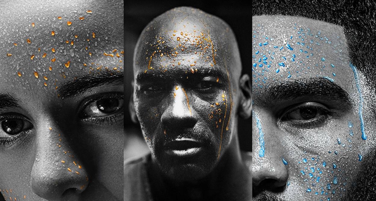 imágenes de deportistas en blanco y negro con gotas de sudor de colores