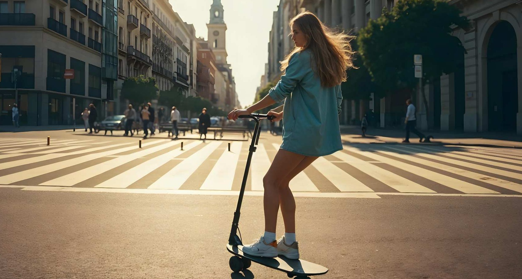 Imagen creada por inteligencia artificial de una chica montando en patinete por Madrid