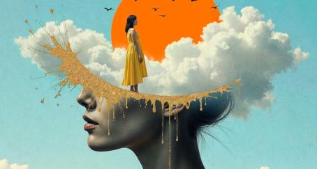 Las ideas creativas son el auténtico valor añadido en la era de la inteligencia artificial Collage crativo de una mujer ante un fondo de nubes