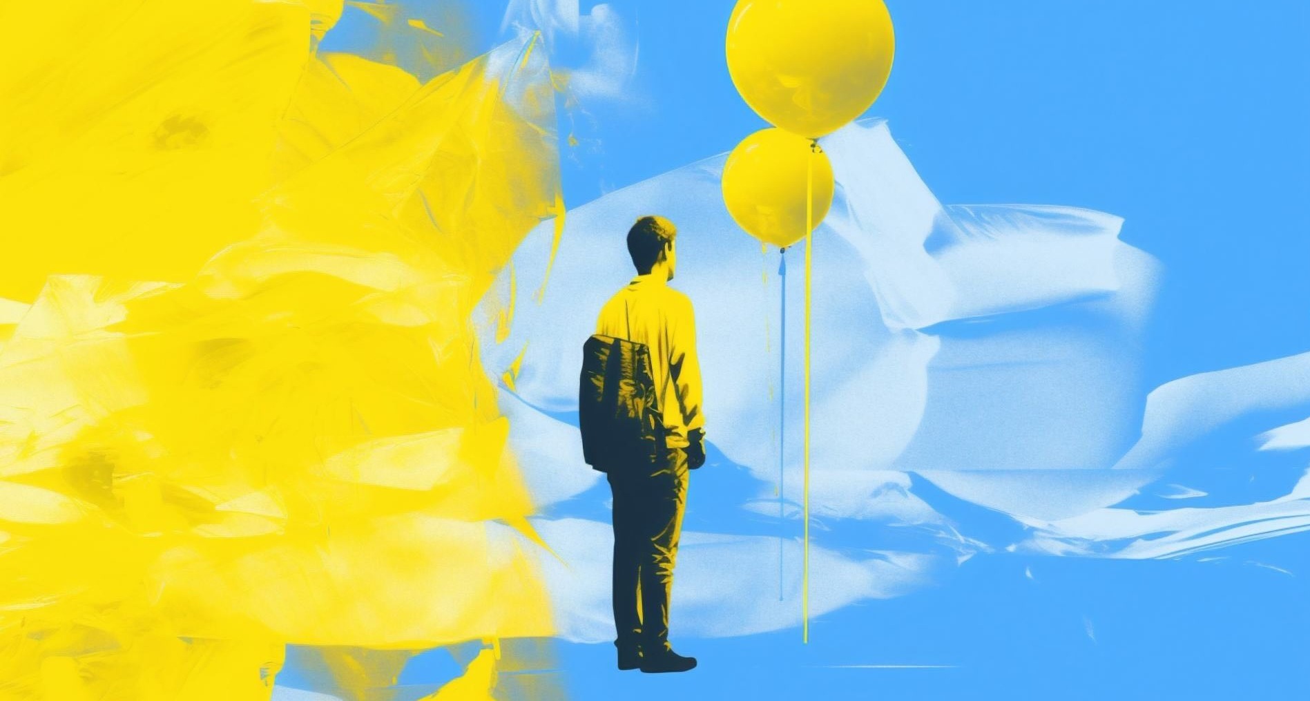 Ilustración de un hombre con un globo sobre fondo amarillo y azul