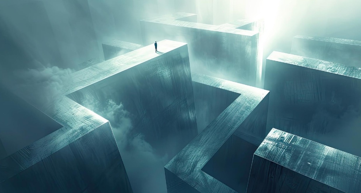 Algunos retos y desafíos que enfrenta hoy el sector de la Banca, según sus profesionales un laberinto con niebla y una persona perdida