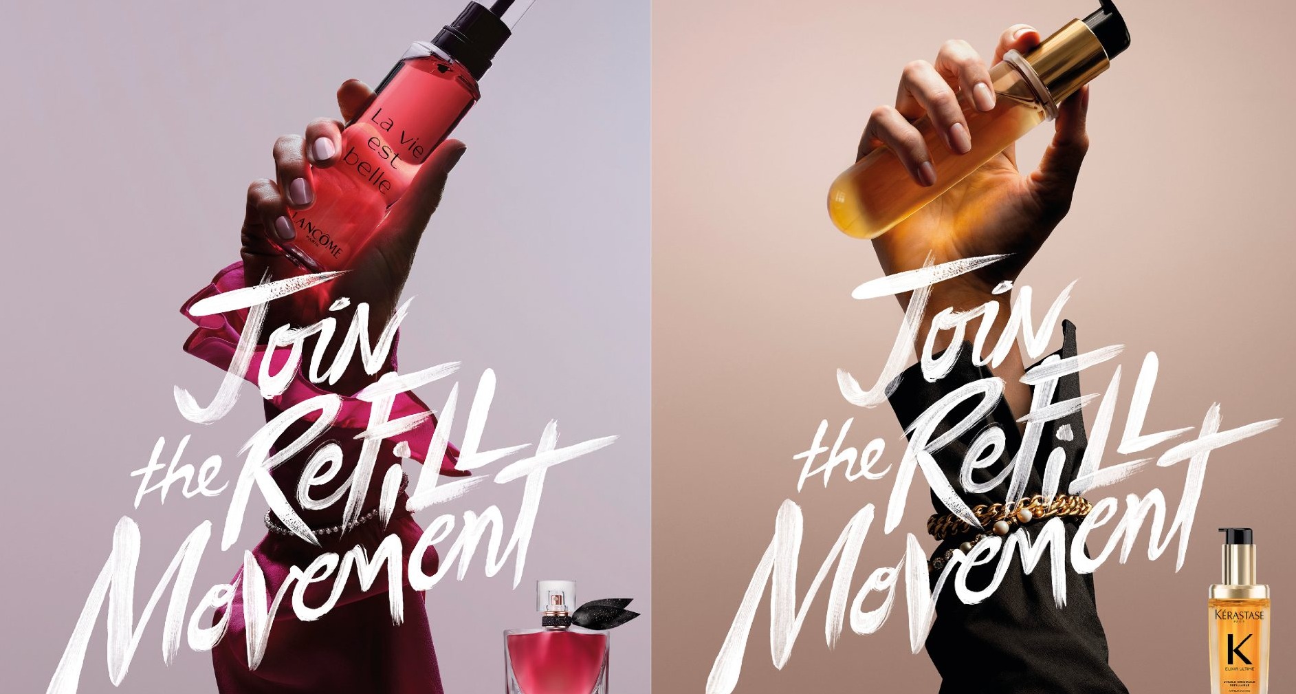 “Únete al movimiento refill”: L’Oréal lanza una campaña global para promover los cosméticos recargables Manos sujetando formatos recargables de marcas de L'Oréal