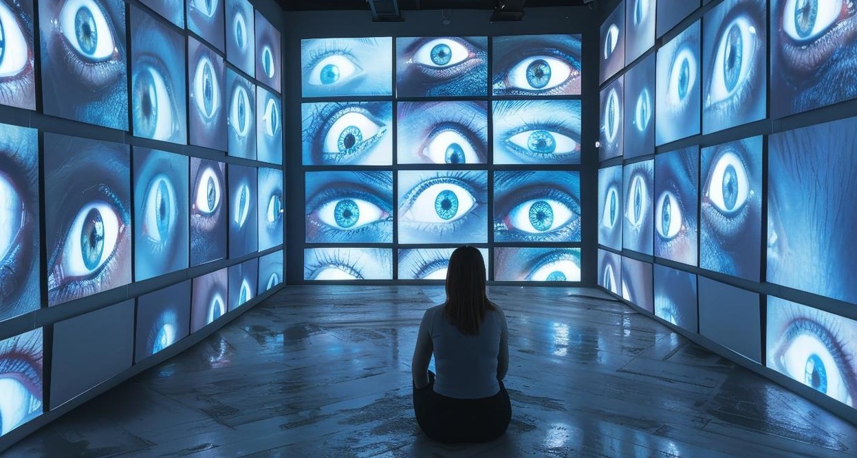 una chica sentada con pantallas alrededor que muestran ojos azules