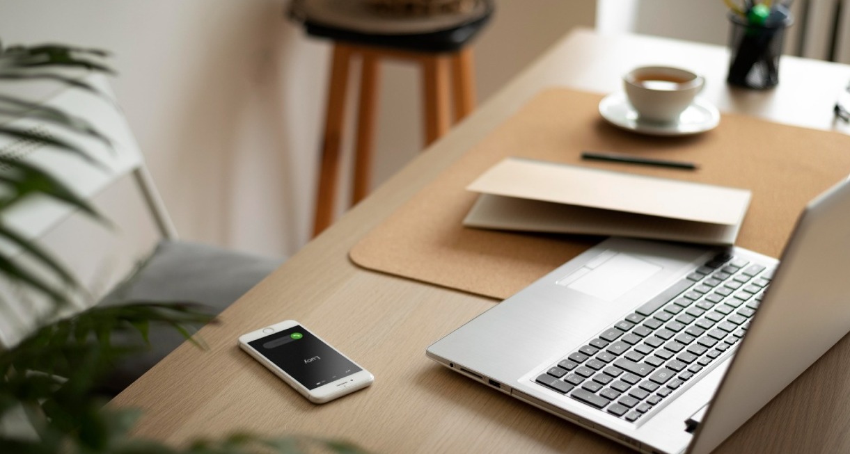 una mesa de escritorio con el ordenador portátil, el smartphone y un cuaderno