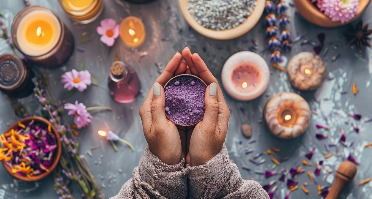 unas manos sostienen polvo morado en una mesa con flores silvestres y velas