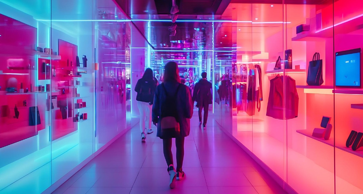 El retail se adapta a un nuevo consumidor: menos gasto, más expectativas y un entorno omnicanal Personas caminando por un pasillo con escaparates a ambos lados