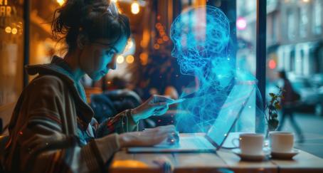 una chica trabajando con su portátil junto a un espectro de luces azules que simula un robot