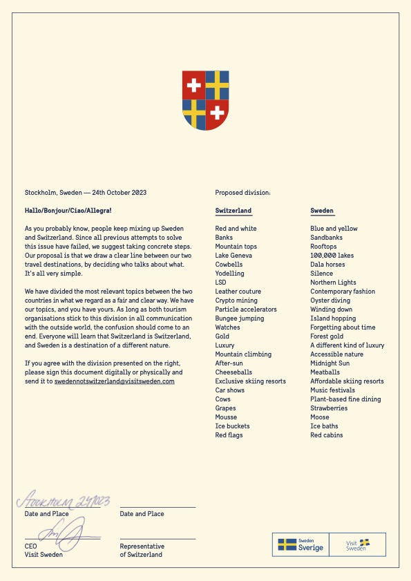 Documento para la firma del divertido acuerdo entre Suecia y Suiza que se puede descargar en la web de Visit Sweden.