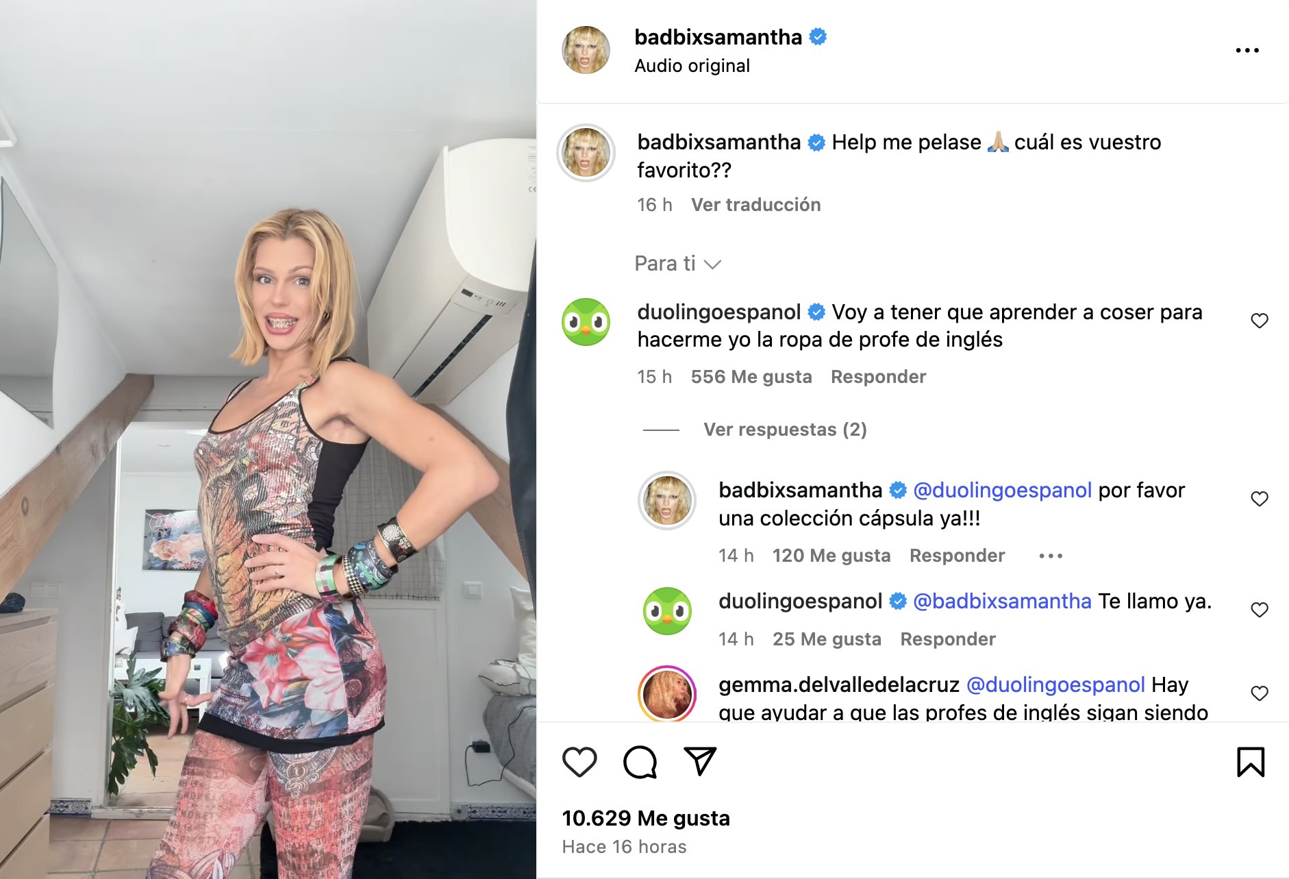 Conversación entre Duolingo y Samantha Hudson en Instagram
